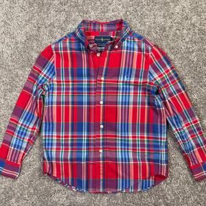 Ralph Lauren Red Plaid Button Down Long Sleeve Polo Shirt Youth Size 6 Cotton
